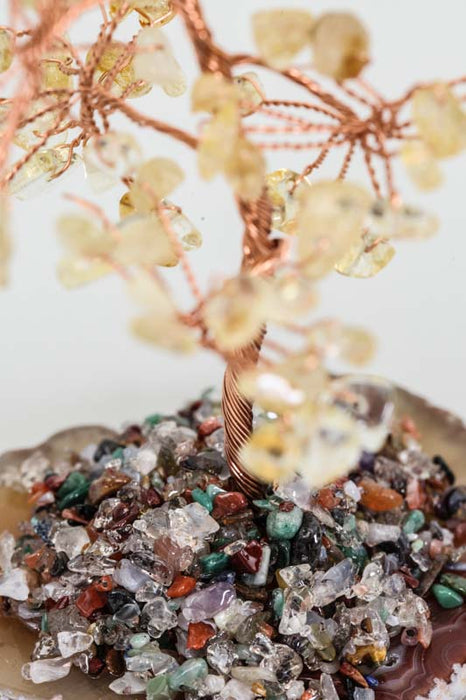 Gemstone tree citrine on agate disc with colored crystal quartz