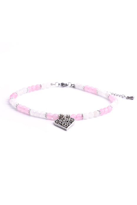 Anklet 4mm rose quartz, white jasper with heart pendant, 23 cm + 5 cm extension chain