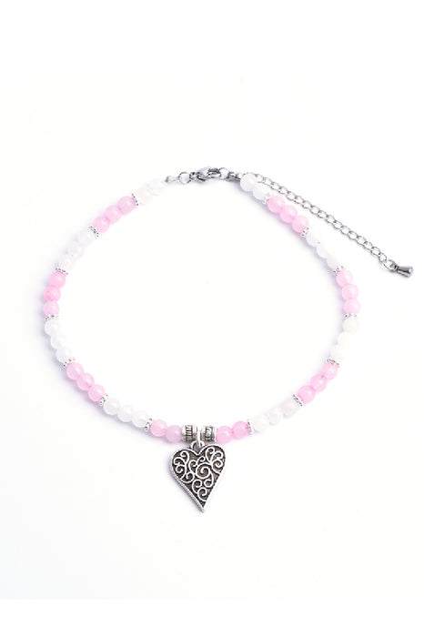 Anklet 4mm rose quartz, white jasper with heart pendant, 23 cm + 5 cm extension chain