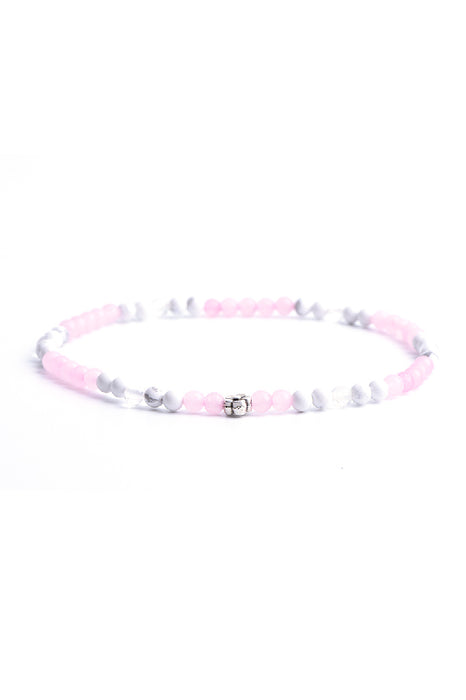 Bracelet de cheville 4mm howlite blanche, quartz rose avec fleurs, 26 cm