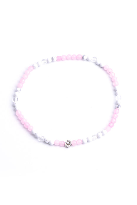 Bracelet de cheville 4mm howlite blanche, quartz rose avec fleurs, 26 cm