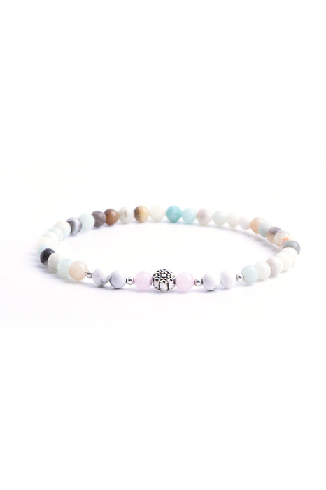 Anklet 6mm Amazonite, rose quartz with flower, 26 cm