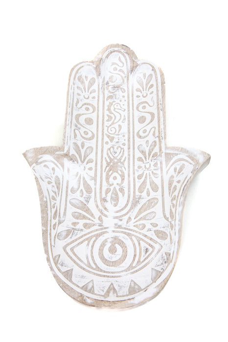 Decorative plate Hand of Fatima brown/white washed 30 x 18 cm