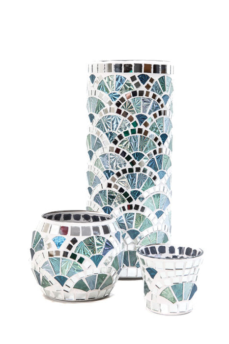 Lantern mosaic fan blue/green/silver 8 cm