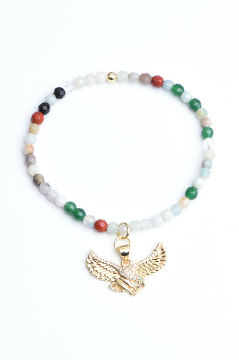 Bracelet 4mm jade facetté, avec zircon et pendentif aigle, 18 cm