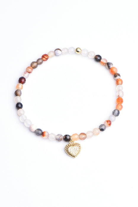 Bracelet agate facettée 4mm, avec pendentif zircon et coeur, 18 cm