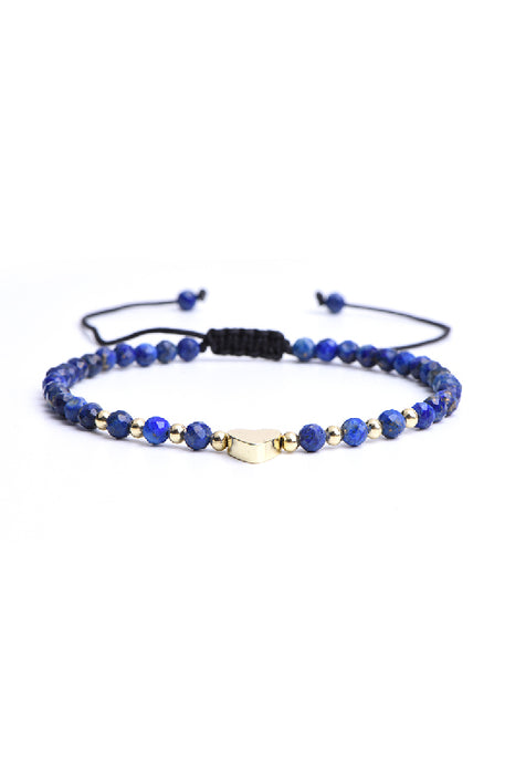 Bracelet 4mm lapis lazuli facetté avec coeur, réglable 18 cm