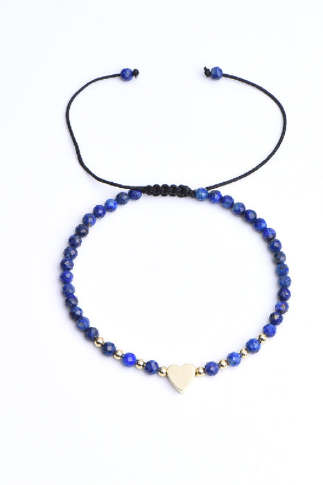 Bracelet 4mm lapis lazuli facetté avec coeur, réglable 18 cm