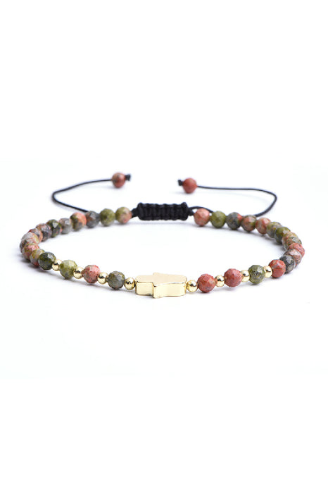 Bracelet 4mm unakite facetté et Main de Fatima, réglable 18 cm