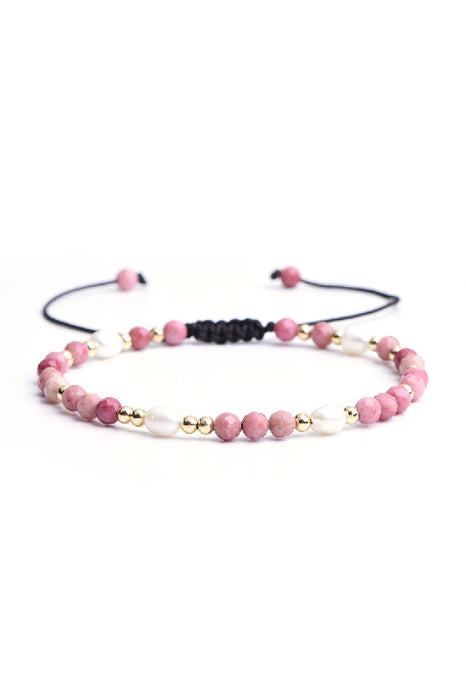 Bracelet 4mm rhodochrosite et perles d'eau douce, réglable 18 cm