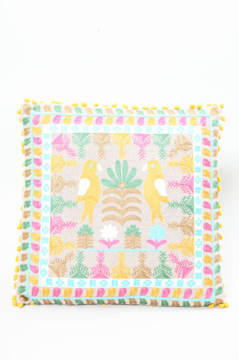 Decorative cushion 2 birds yellow/pink/green patterned 40 x 40 cm