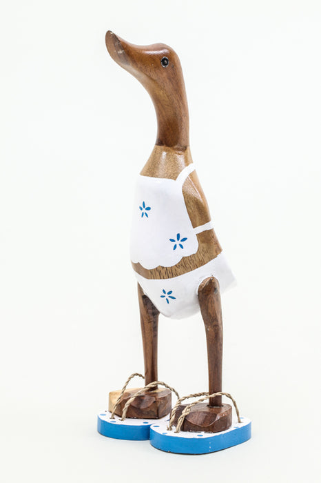 Wooden duck with bikini &amp; flip flops white/blue 25 cm