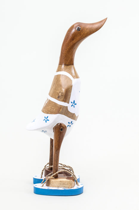 Wooden duck with bikini &amp; flip flops white/blue 25 cm