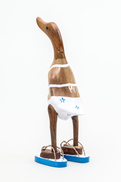 Wooden duck with bikini &amp; flip flops white/blue 25 cm