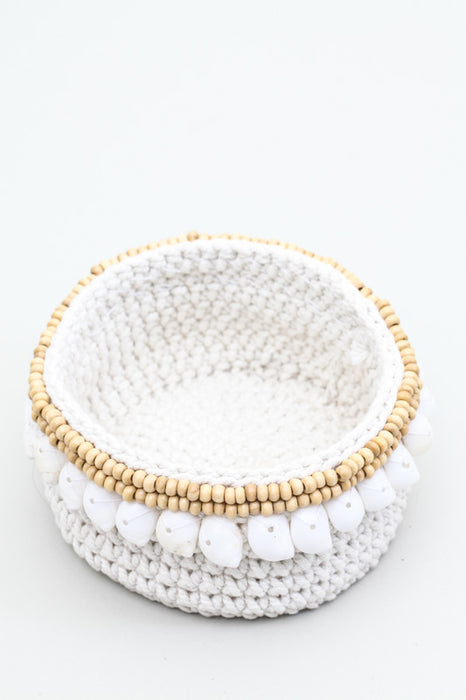 Large macrame basket with shells and wooden beads