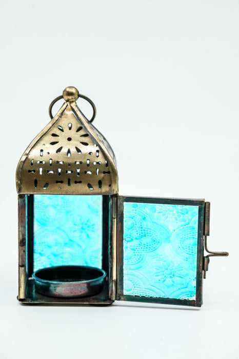 Lantern embossed square turquoise 12 x 5.5 x 5.5 cm