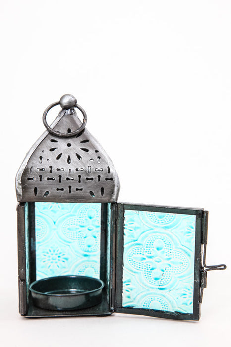 Lantern embossed square turquoise 12 x 5.5 x 5.5 cm