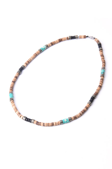 Collier homme 6mm oeil de tigre bleu, pyrite, séparateur noix de coco, 50 cm