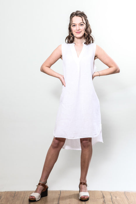 Linen dress short sleeve white - One Size