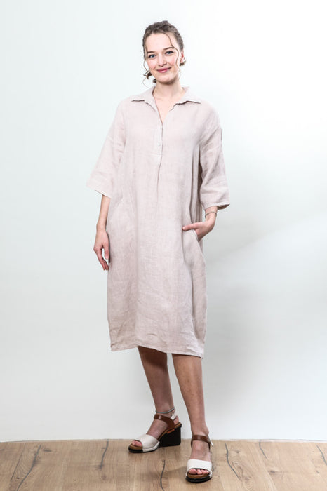 Linen dress side pockets beige - One Size