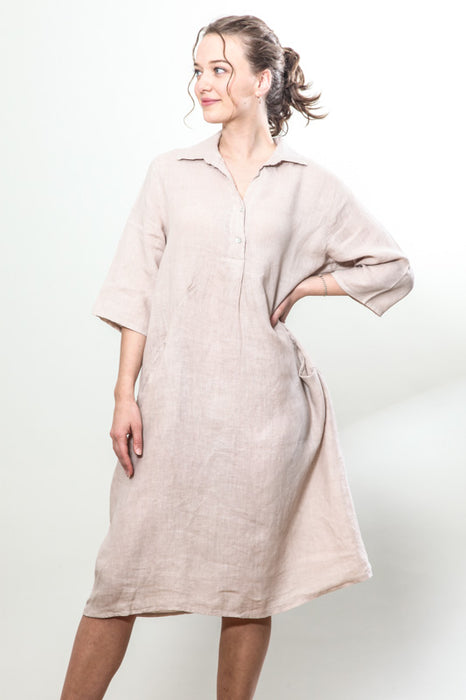 Linen dress side pockets beige - One Size