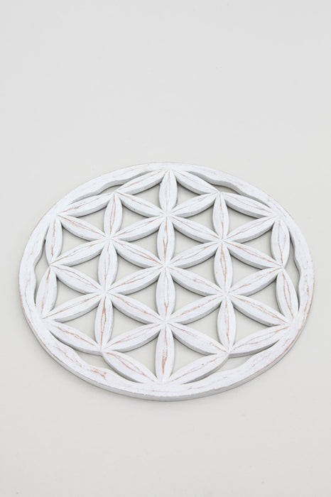 Wall decoration round flower of life white washed 40 cm