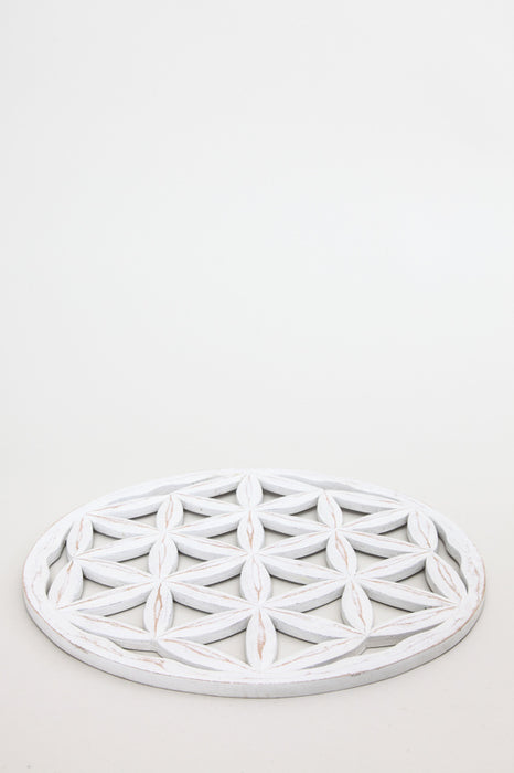 Wall decoration round flower of life white washed 40 cm