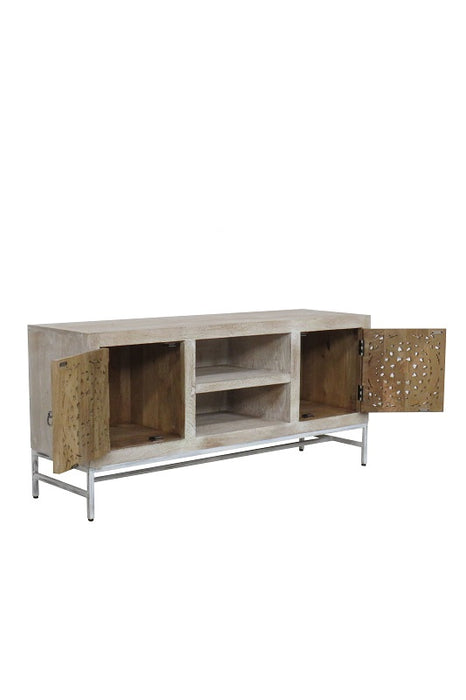 Meuble TV en manguier avec 2 portes sculptées et 2 compartiments ouverts 140 x 40 x 64 cm