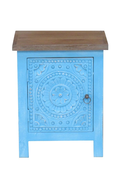 Table de chevet en bois de manguier avec 1 porte turquoise 40 x 30 x 50 cm