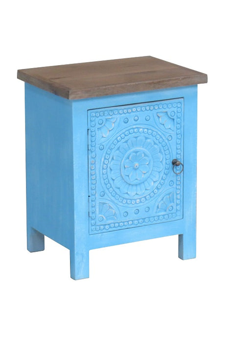 Table de chevet en bois de manguier avec 1 porte turquoise 40 x 30 x 50 cm