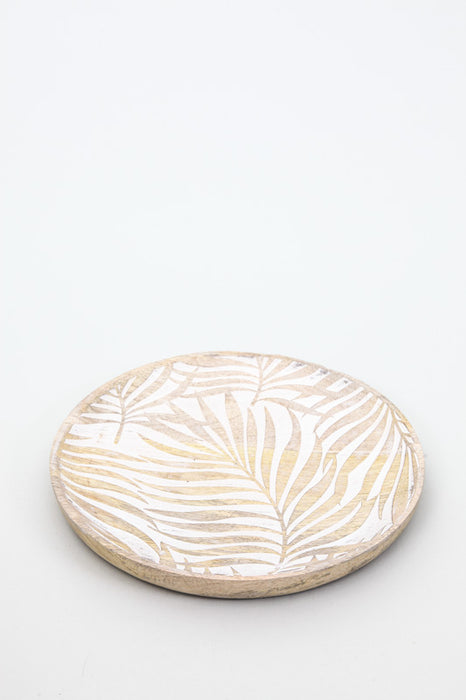 Decorative plate mango wood palm leaves white washed 25 cm