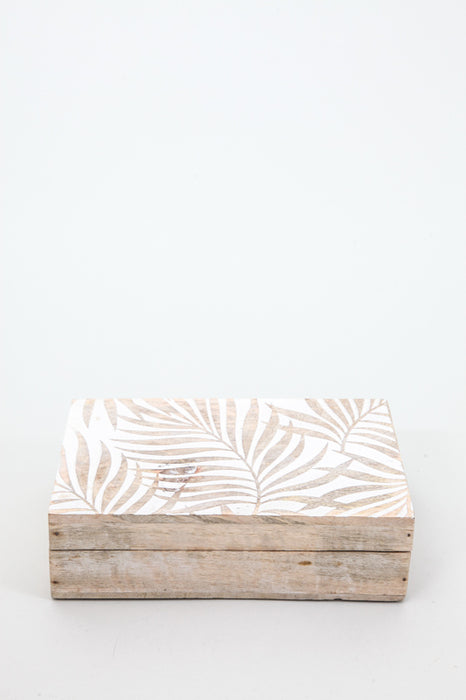 Box mango wood palm leaves white washed 21.5x14 cm