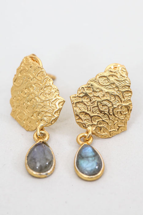 Stud earrings brass gold plated labradorite