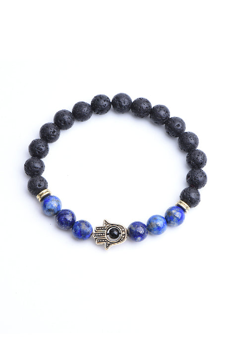 Armband 8mm Lavastein, Lapis Lazuli mit HAMSA, 19 cm