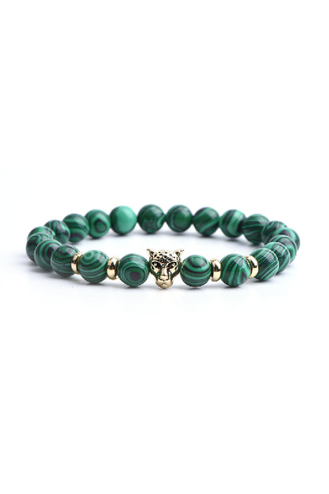 Bracelet malachite 8mm avec tête de léopard, 19 cm