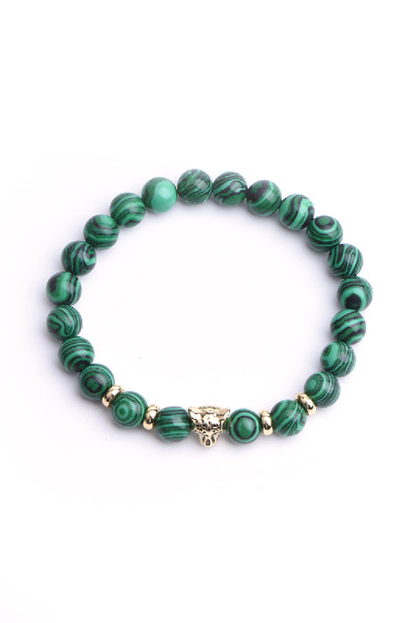 Bracelet malachite 8mm avec tête de léopard, 19 cm