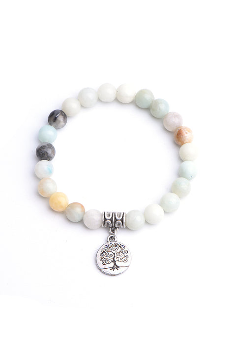 Bracelet 8mm Amazonite avec pendentif arbre de vie, 19 cm