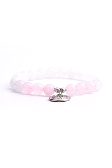 Bracelet 8mm rose quartz, white jasper with tree of life pendant, 19 cm