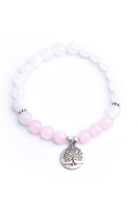 Bracelet 8mm rose quartz, white jasper with tree of life pendant, 19 cm