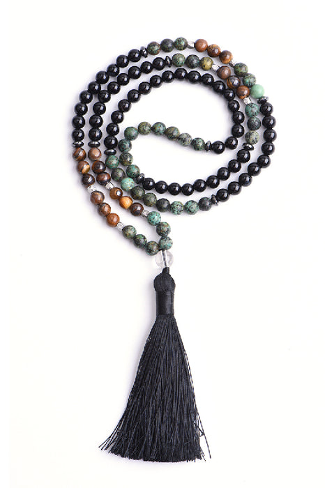 Mala necklace 6mm African turquoise, tiger eye, black onyx, 108 beads