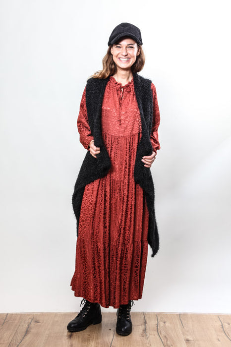 Long dress rust red patterned - One Size