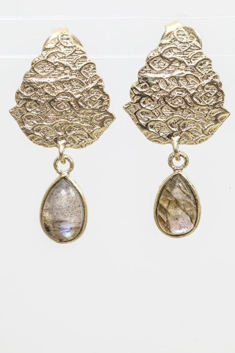 Earring brass gold plated labradorite 29x14mm