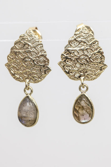 Earring brass gold plated labradorite 29x14mm