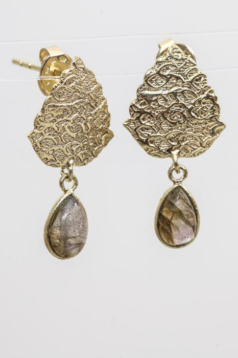 Earring brass gold plated labradorite 29x14mm