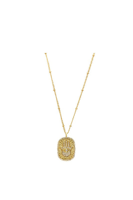 Chain brass gold plated pendant HAMSA Cubic Zirconia 27x17mm