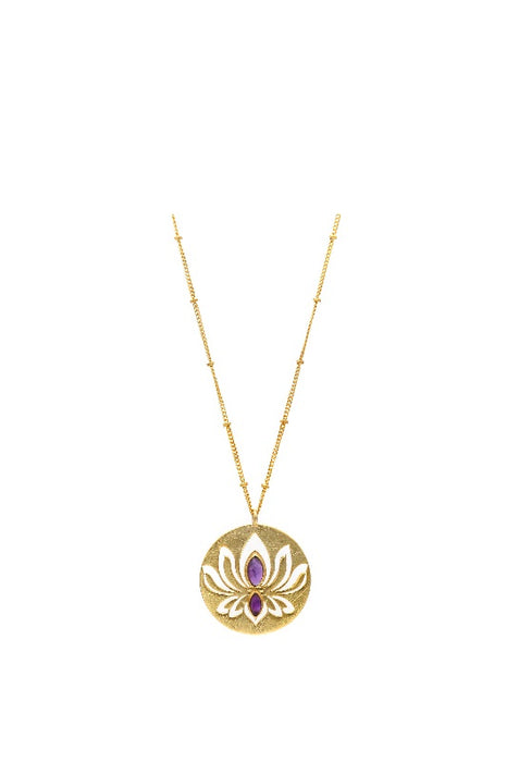 Chain brass gold plated pendant lotus amethyst 30x30mm