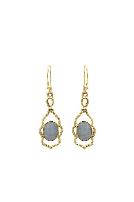 Earring brass gold plated rainbow moonstone 25x12mm