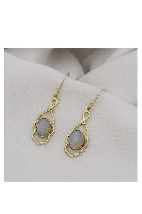 Earring brass gold plated rainbow moonstone 25x12mm