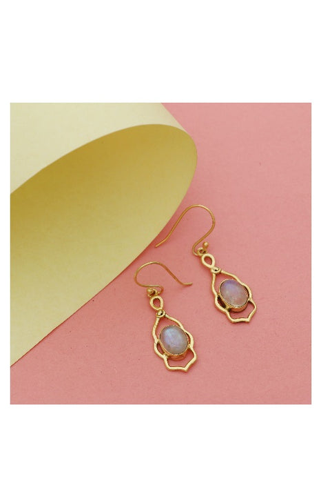 Earring brass gold plated rainbow moonstone 25x12mm