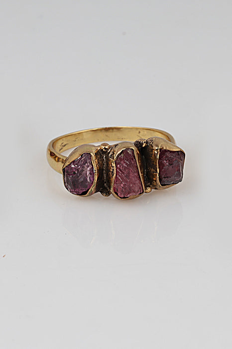 Ring brass gold plated 3 stones tourmaline